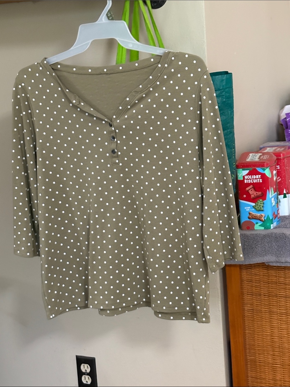 Olive Polka Dot Henley Long Sleeve Top